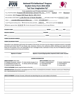 National PTA Reflections Program Student Entry Form