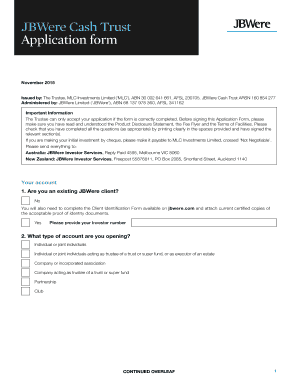 JBWere Cash Trust Application Form