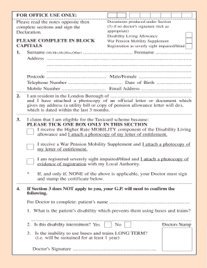London Taxicard Scheme Application Form