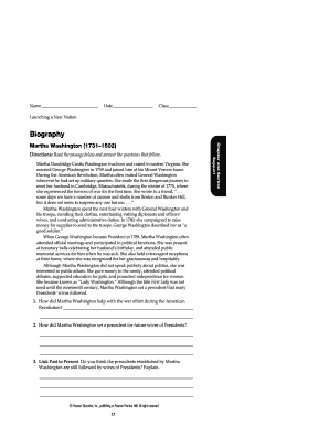 Martha Washington Biography Worksheet