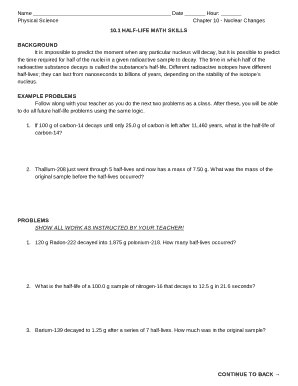 Half-Life Math Skills Worksheet