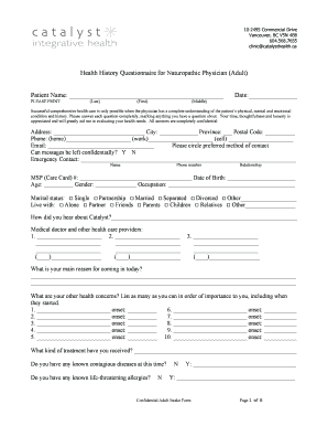 Health History Questionnaire for Naturopathic Physician