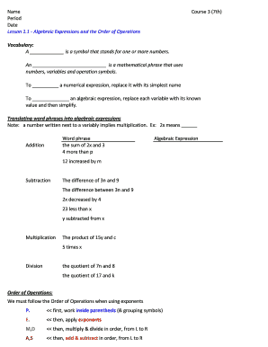 Algebraic Expressions Worksheet