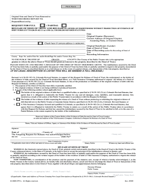 Colorado Deed of Trust Release Request