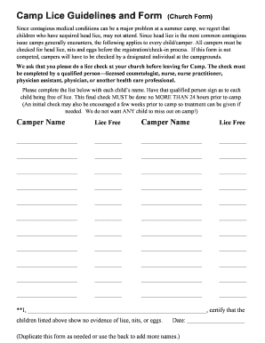 Church Camp Lice Check Form