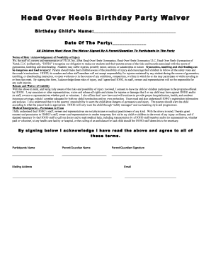 Head Over Heels Birthday Party Waiver