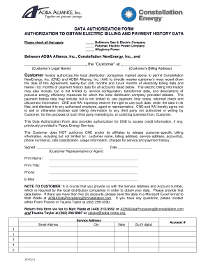 Data Authorization Form for Electric Billing History