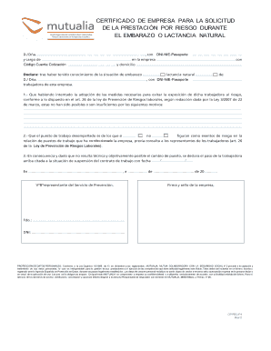 CERTIFICADO DE EMPRESA PARA LA SOLICITUD DE LA PRESTACIÓN POR RIESGO DURANTE EL EMBARAZO O LACTANCIA NATURAL