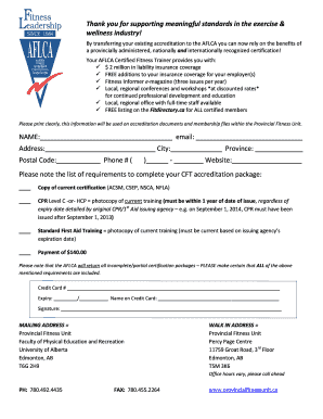 AFLCA Certified Fitness Trainer Accreditation Form