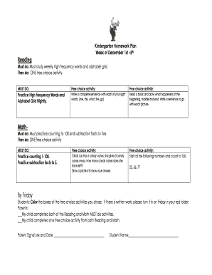 Kindergarten Homework Plan