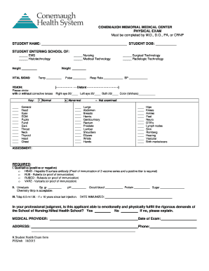 Student Health Exam Form