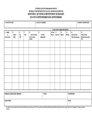 Michigan Juvenile Detention Summary Form