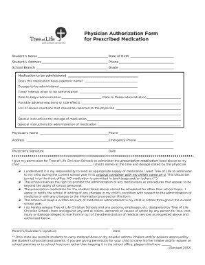 Physician Authorization Form for Prescribed Medication