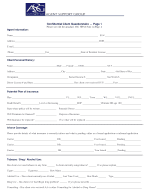 Confidential Client Questionnaire for Insurance Application