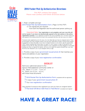 2016 Packet Pick Up Authorization Form