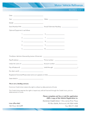Motor Vehicle Refinance Worksheet