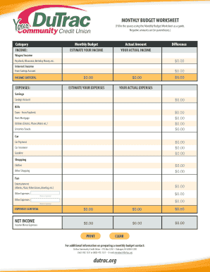 Monthly Budget Worksheet
