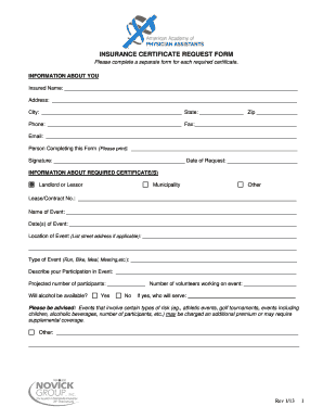 Insurance Certificate Request Form