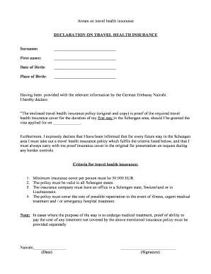 Schengen Travel Health Insurance Declaration