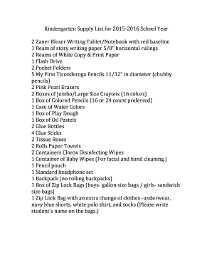 Kindergarten Supply List for 2015-2016 School Year