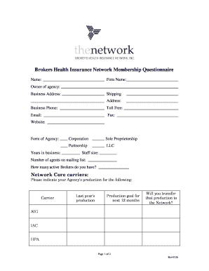 Brokers Health Insurance Network Membership Questionnaire