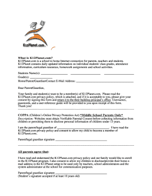 K12Planet.com Student Enrollment Consent Form