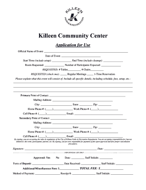 Killeen Community Center Application for Use