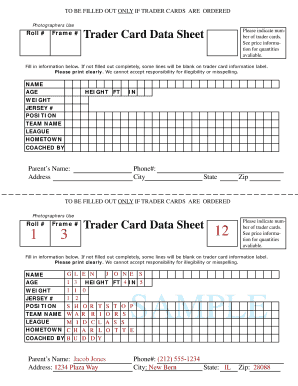 Trader Card Data Sheet