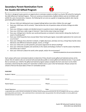 Secondary Parent Nomination Form for Austin ISD Gifted Program