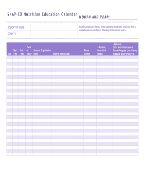 SNAP Nutrition Education Calendar