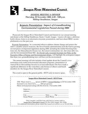 Guests will enjoy a delicious buffet dinner, listen to an informative keynote presentation, and hear about SRWC accomplishments over the past year - saugusriver