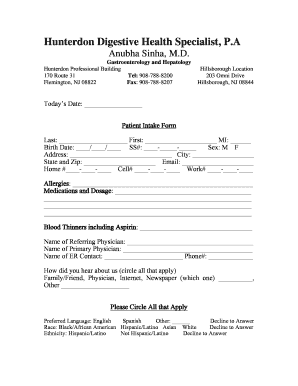 Patient Intake Form for Gastroenterology