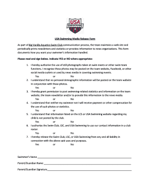 USA Swimming Media Release Form