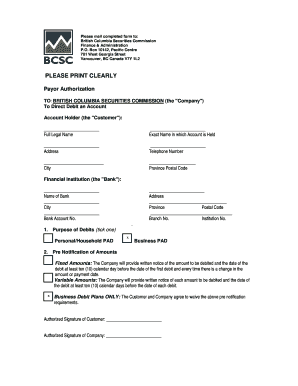 British Columbia Securities Commission Payor Authorization
