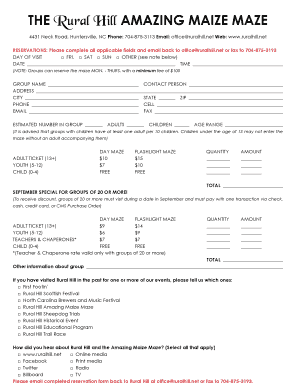Rural Hill Maize Maze Group Reservation Form