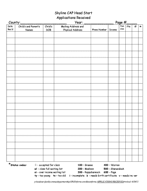 Head Start Applications Received Form