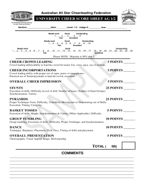 Cheer tryout score sheet template - Comments university cheer score sheet ag 1/2 - aascf