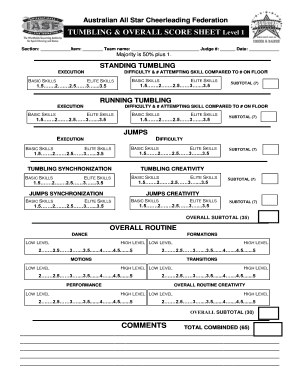 Australian All Star Cheerleading Federation Tumbling Score Sheet