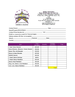 Australian All Star Cheerleading Federation Order Form