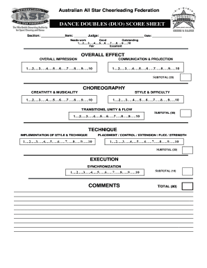 Australian All Star Cheerleading Federation Dance Doubles Score Sheet