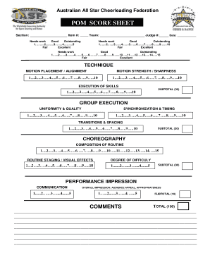 Australian All Star Cheerleading Federation Pom Score Sheet