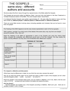 Gospels Comparison Worksheet