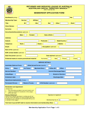 Returned and Services League Membership Application