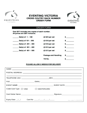 Eventing Victoria Cross Country Back Number Order Form