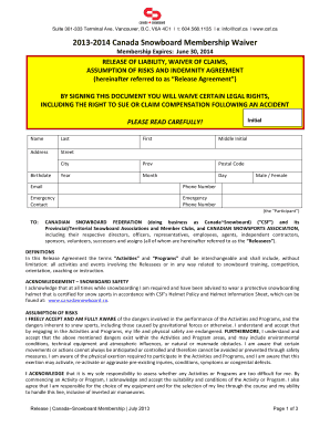 Canada Snowboard Membership Waiver