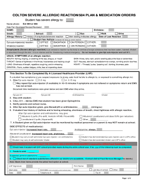Severe Allergic Reaction 504 Plan & Medication Orders