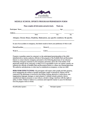 Middle School Sports Program Permission Form