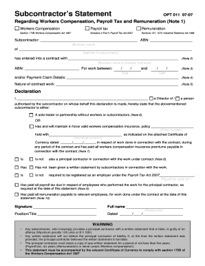 Subcontractor's Statement OPT 011