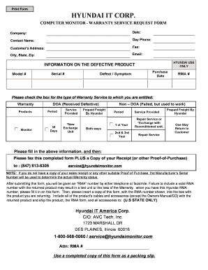 Hyundai Monitor Warranty Service Request Form