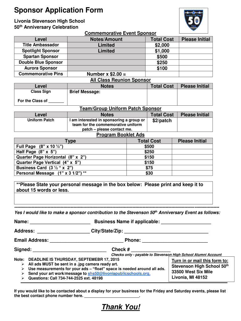 Fillable Online stevenson livoniapublicschools Sponsor Application Form Livonia Public Schools